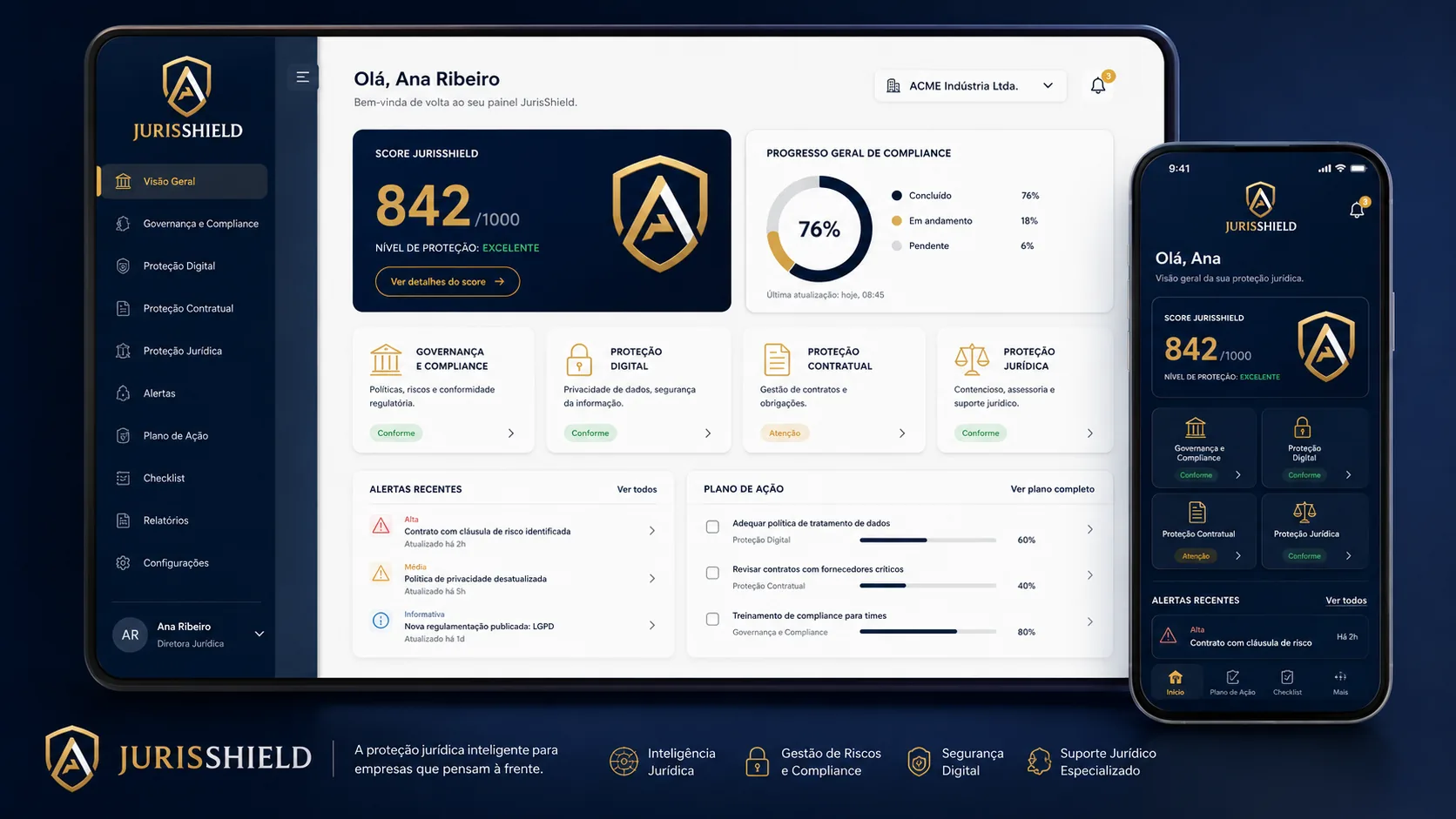 Dashboard JurisShield — produto tangível para demonstração a clientes